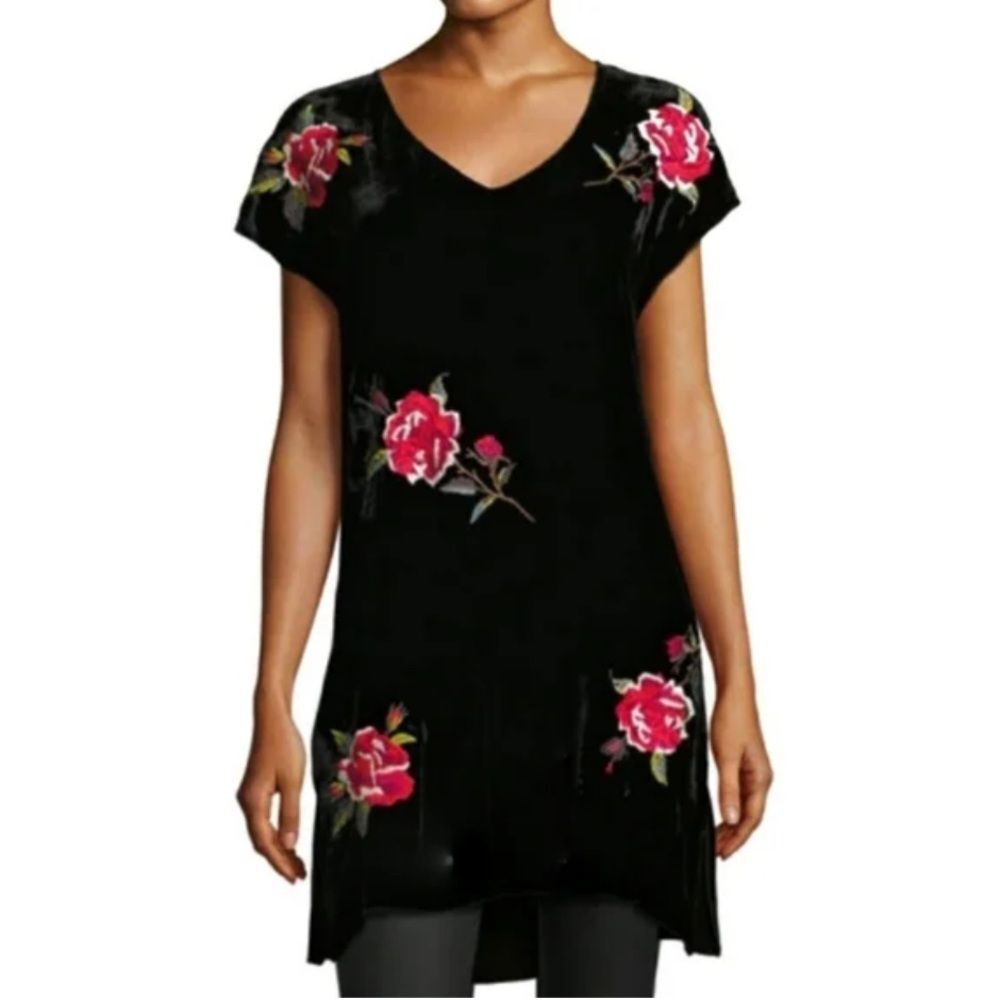 Johnny Was Auri Velvet Rose Embroidered Asymmetrical Tunic Dress Size L.